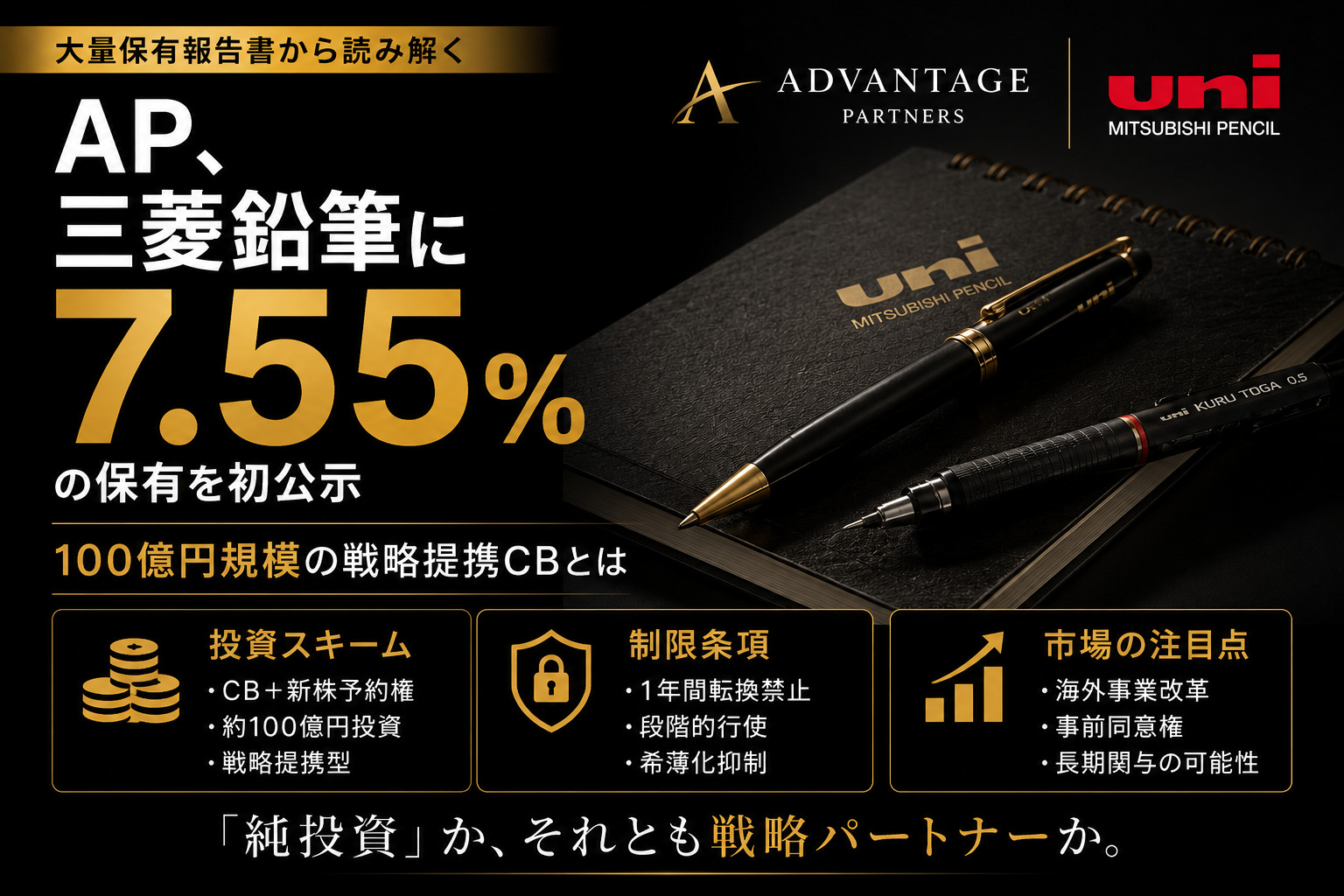 アドバンテッジ系AP PS IV、三菱鉛筆に7.55%変更報告