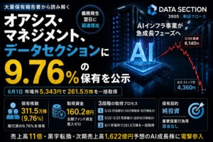 オアシスがデータセクションに9.76%—市場外5,343円の電撃参入